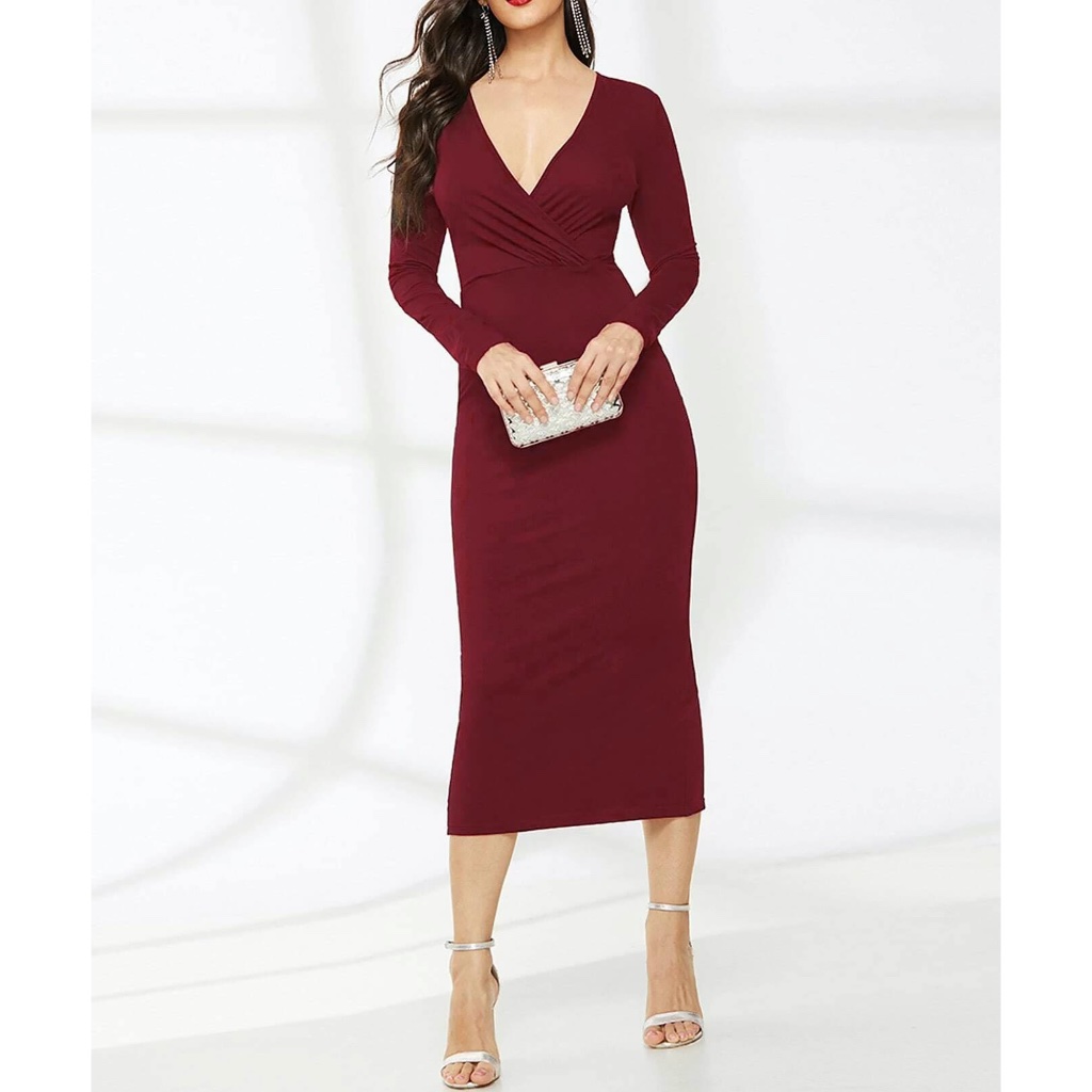 Maroon V Neck Long Sleeve Midi Dress